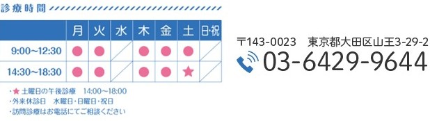 TEL.03-6429-9644 診療時間 9:00〜12:30 14:30〜18:30、訪問診療 13:00〜14:30、外来休診日：水曜・日曜・祝日、訪問診療休診日：日曜・祝日