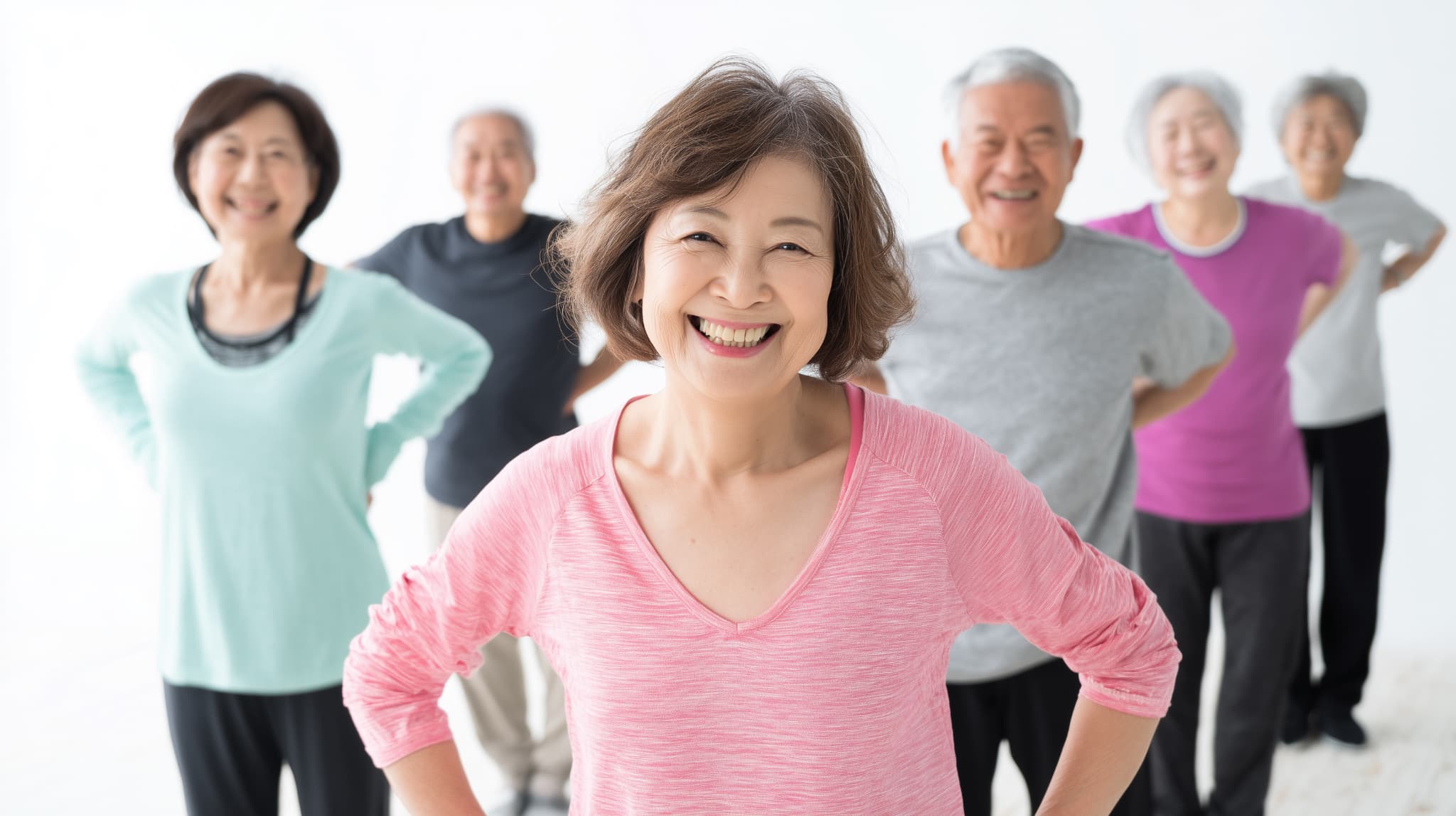 元気にストレッチ運動をしているシニアの人々