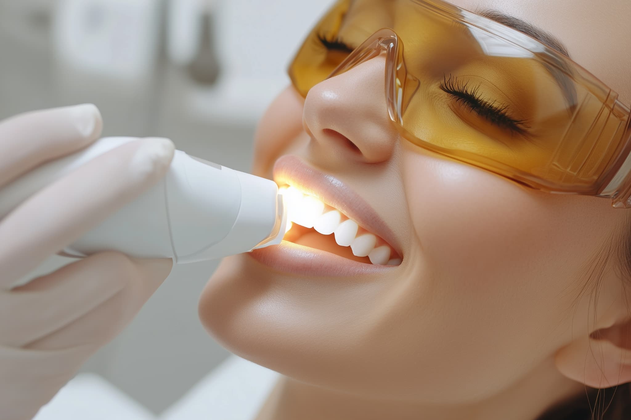 オフィスホワイトニングの施術を受ける女性