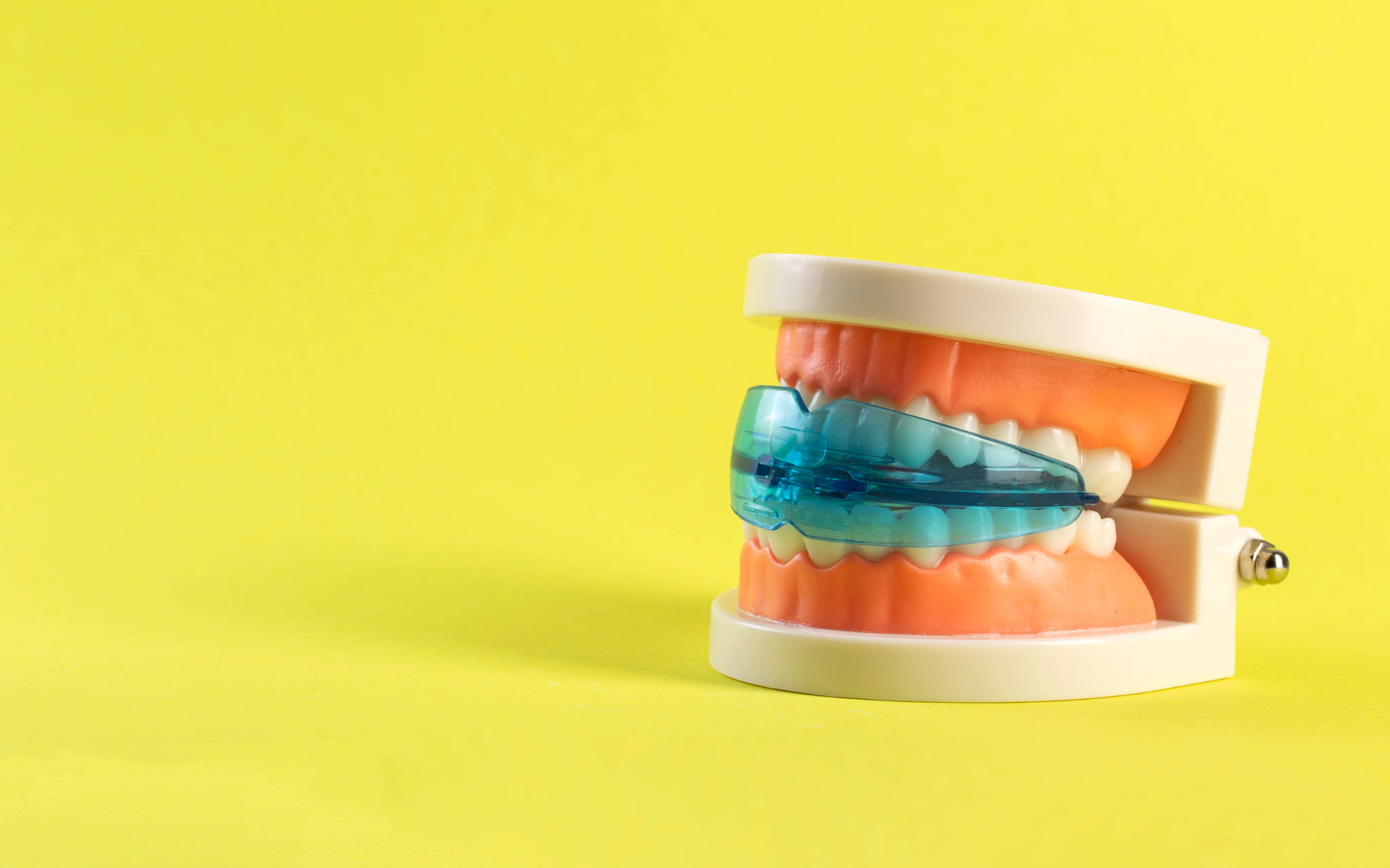 黄色の背景にプレオルソを装着した歯の模型