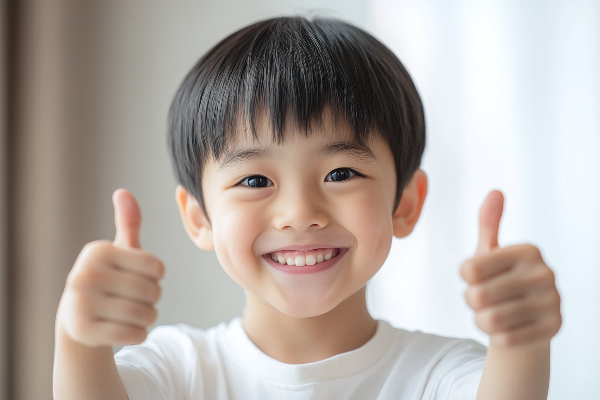 プレオルソの効果を感じて両手でグッドサインをする笑顔の子ども