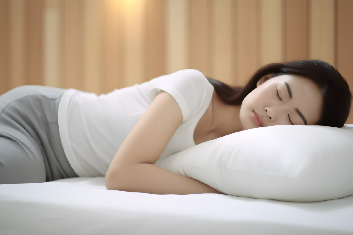 頭を高くして横になり安静にしている女性